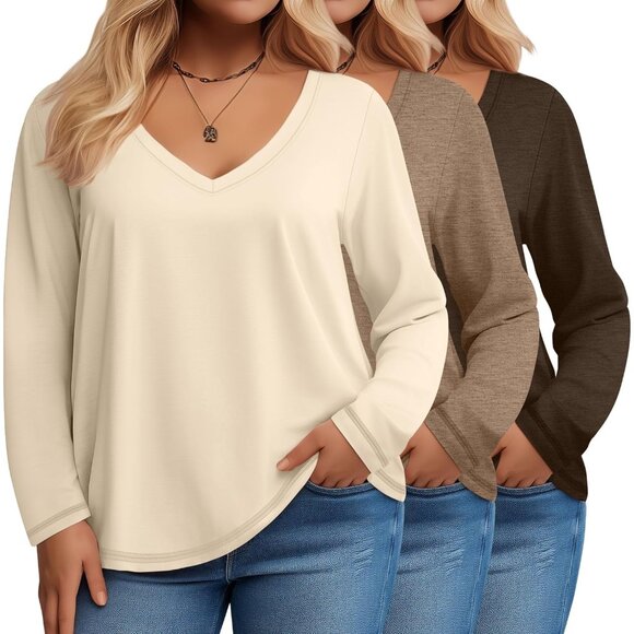 Women's Plus Size T Shirts 3 Pack Long Sleeve V Neck Casual Soft Tops - Picture 1 of 6